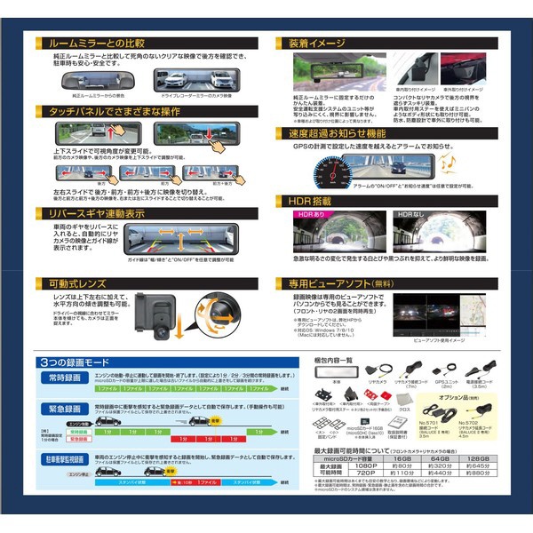 前後録画 ドライブレコーダーミラータイプ バルーチェII No.5700 [前後カメラ対応 /Full HD（200万画素） /駐車監視機能付き  /セパレートミラー型]:ビックカメラ通販 | JRE MALLショッピング | JRE POINTが貯まる・使える