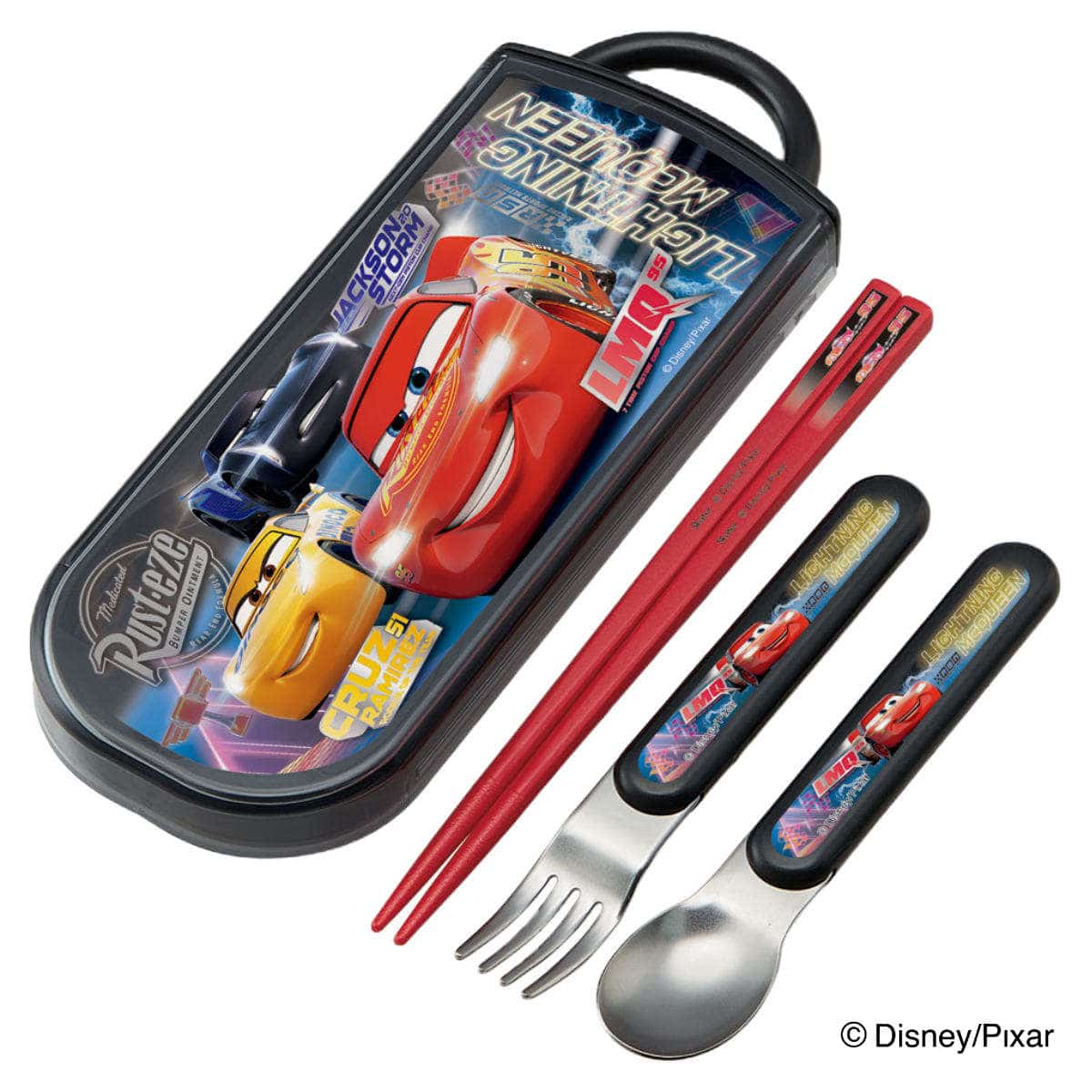 トリオセット 抗菌 箸 スプーン フォーク キャラクター （ すみっコぐらし トイストーリー キキララ マイメロディ ハローキティ カーズ 食洗機対応 子供用 はし お箸 カトラリー セット ケース付き 持ち運び スライド式 日本製 ） 【カーズ２３】