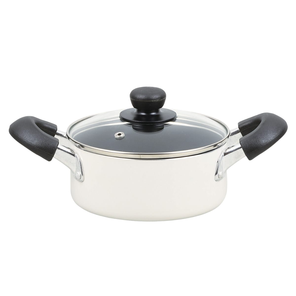 両手鍋 16cm IH対応 ガラス蓋付き ふっ素加工 ジャストサイズ （ IH ガス火対応 鍋 アルミ 小さめ コンパクト 蓋付き アルミ鍋 小鍋 16 センチ 調理 料理 調理用品 調理器具 キッチン用品 台所用品 ） 【ホワイト】