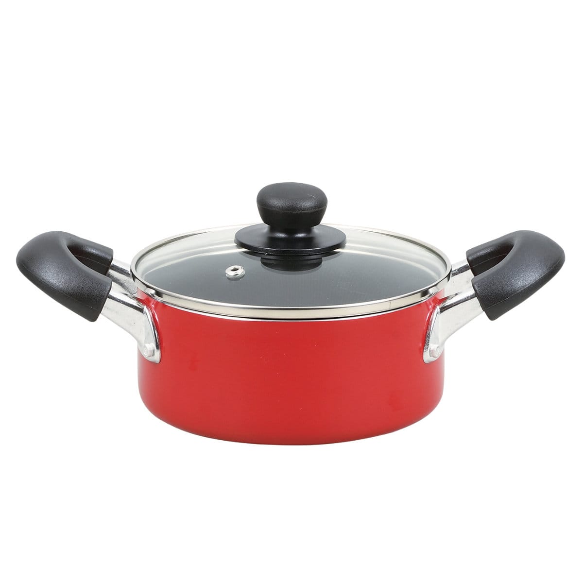 両手鍋 16cm IH対応 ガラス蓋付き ふっ素加工 ジャストサイズ （ IH ガス火対応 鍋 アルミ 小さめ コンパクト 蓋付き アルミ鍋 小鍋 16 センチ 調理 料理 調理用品 調理器具 キッチン用品 台所用品 ） 【レッド】