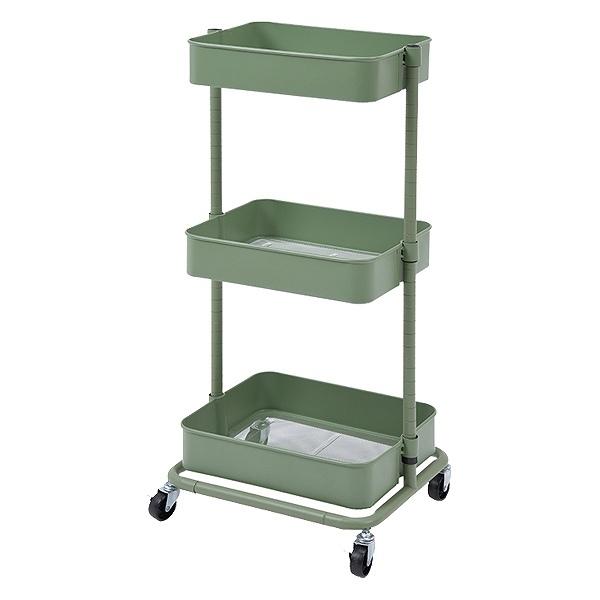マルチワゴン 幅42cm 3段 トロリーワゴン アースカラー （ ワゴン トロリー 高さ調節 収納 ラック 棚 サイドワゴン メッシュ 花台 飾り棚 ディスプレイ キャスター付 スチール くすみカラー シンプル ） 【オリーブグリーン】