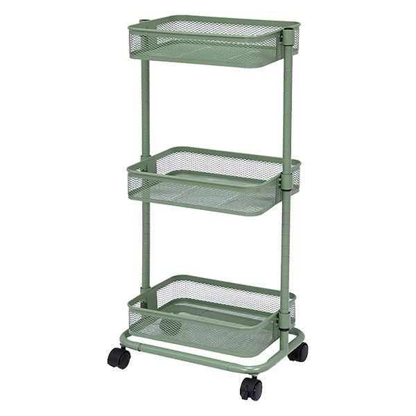 マルチワゴン 幅38cm 3段 トロリーワゴン アースカラー （ ワゴン トロリー 高さ調節 収納 ラック 棚 サイドワゴン 花台 飾り棚 ディスプレイ キャスター付 スチール くすみカラー ） 【オリーブグリーン】