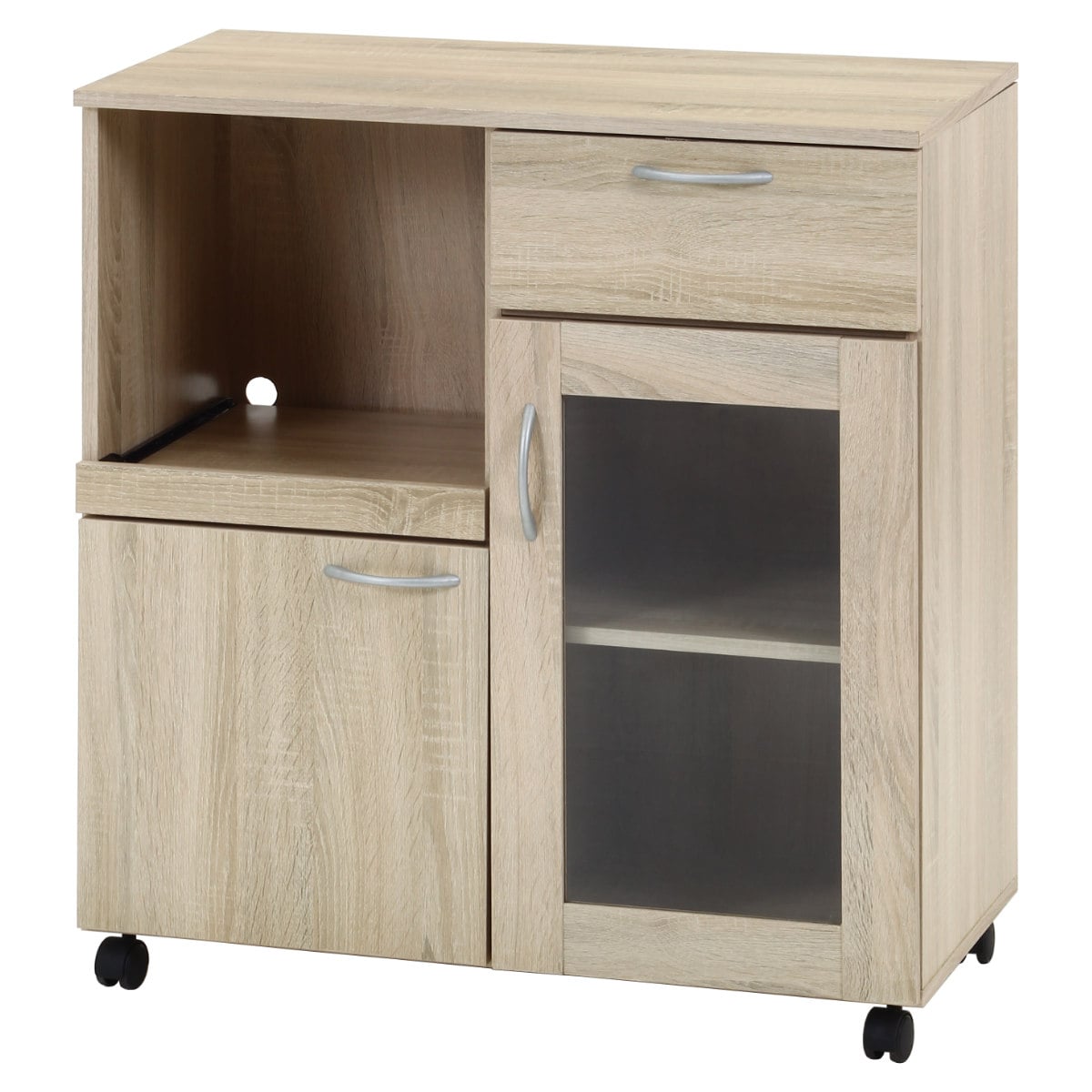 キッチンワゴン 幅76.8cm 高さ84cm 木目調 キャスター付 （ ワゴン キッチン収納 ラック 棚 ガラス扉 食器収納 家電収納 スライド棚 省スペース 可動棚 引き出し コンパクト シンプル ）