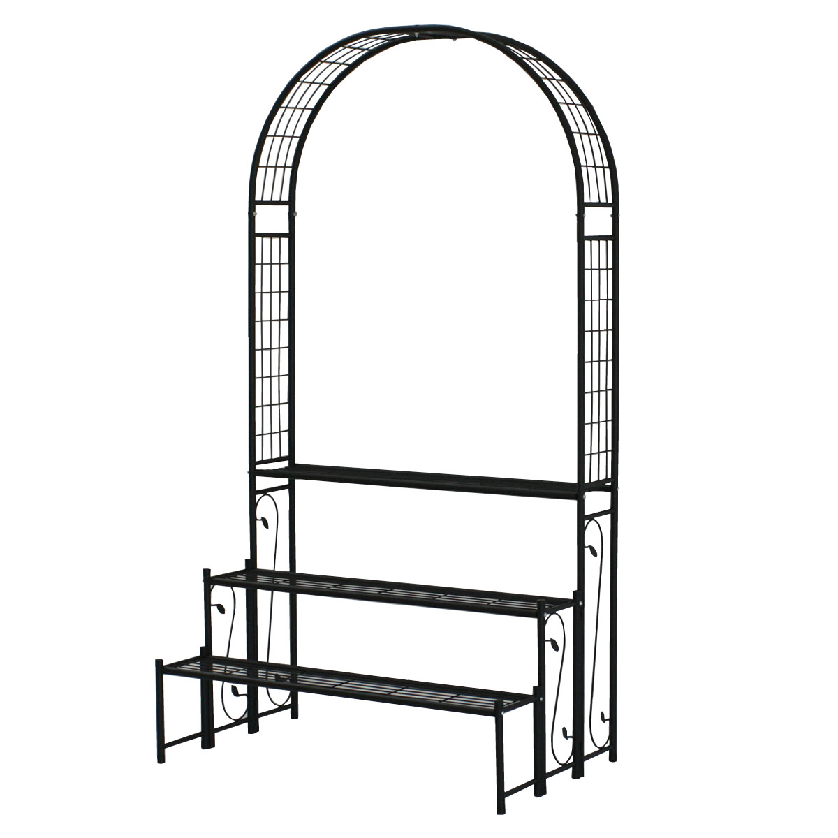 プランタースタンド アーチ付フラワーラック 3段 （ フラワーラック 鉄製 おしゃれ ローズアーチ フラワースタンド ガーデニング 庭 簡易 プランターラック 花スタンド ラック アイアン製 薔薇アーチ 花立て 花台 庭園 花壇 ）