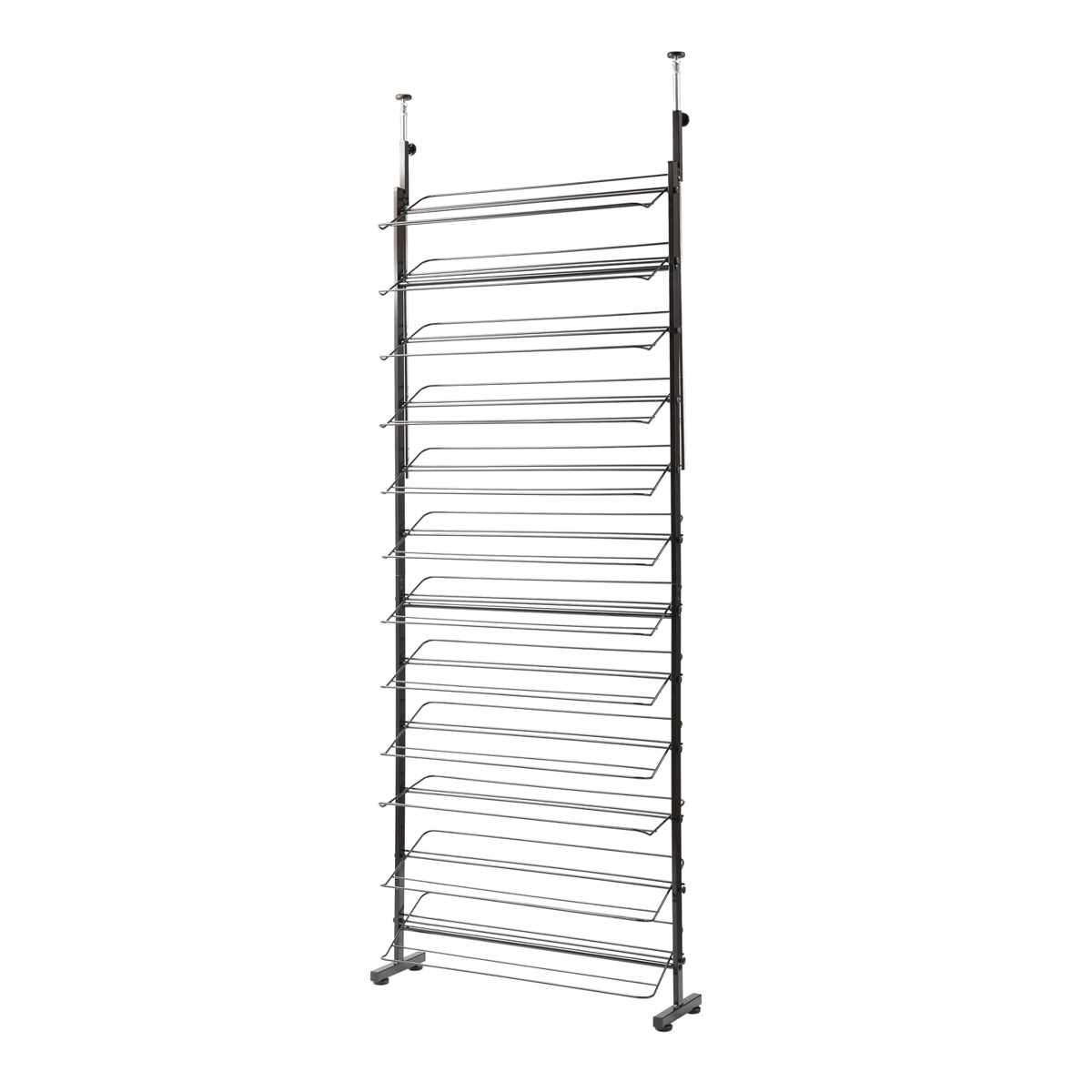 突っ張り シューズラック 幅75cm 薄型 ブラック 日本製 見せる収納 （ 壁面収納 つっぱり スリム 省スペース 靴収納 最大36足 つっぱり式 天井突っ張り式 靴 スニーカー ブーツ ヒール 収納 ラック シューズボックス 靴箱 下駄箱 ）