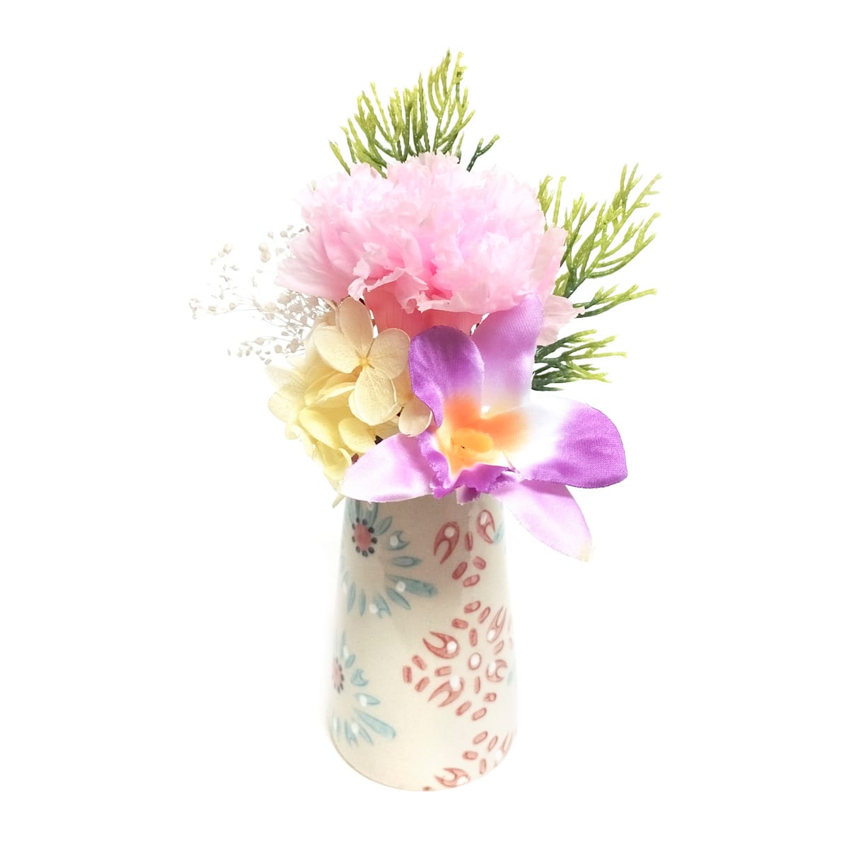 仏花 供え花 ミニ仏花 想花 花器付き （ プリザーブドフラワー 造花 ブリザードフラワー 枯れない 仏壇 お供え 花 フェイクフラワー 供花 御供え 枯れない花 水換え不要 夏 人工 お盆 お彼岸 お墓 法要 法事 仏具 ） 【ピンク】