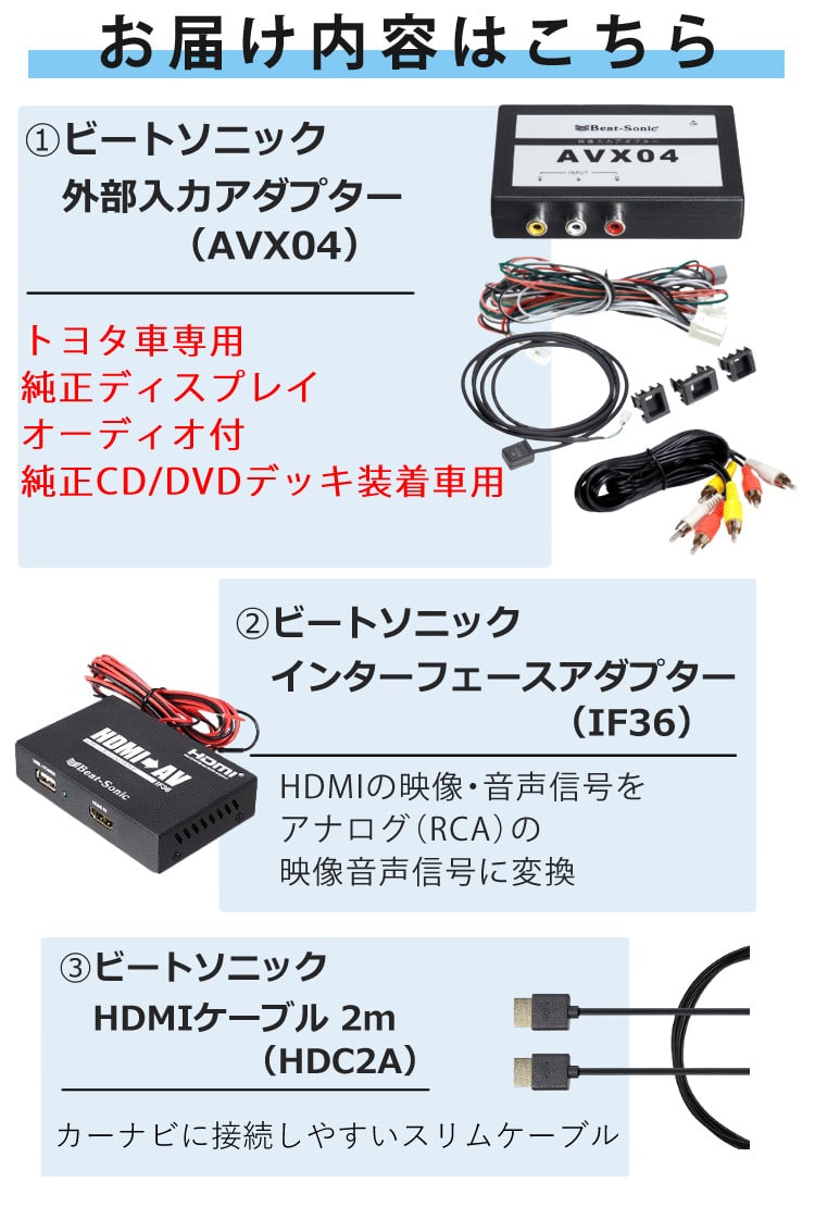 iPhoneで見る3点セット トヨタ車用 ビートソニック 外部入力アダプター AVX04 ＆ 変換アダプター IF36 インターフェースアダプター ＆  純正HDMIケーブル HDC2A:ホームショッピング通販 | JRE MALLショッピング | JRE POINTが貯まる・使える