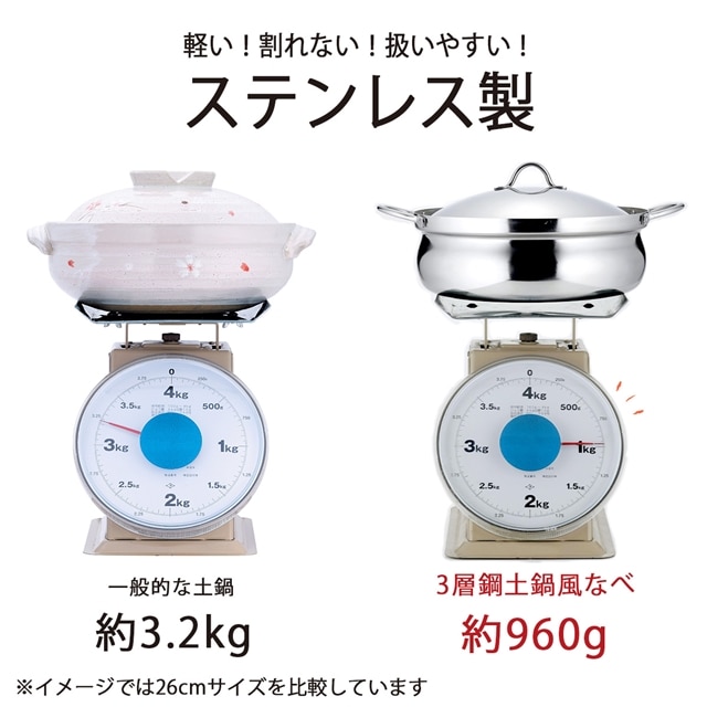 送料無料】IH対応 アルミ芯 3層鋼 土鍋風なべ 22cm 日本製 ステンレス