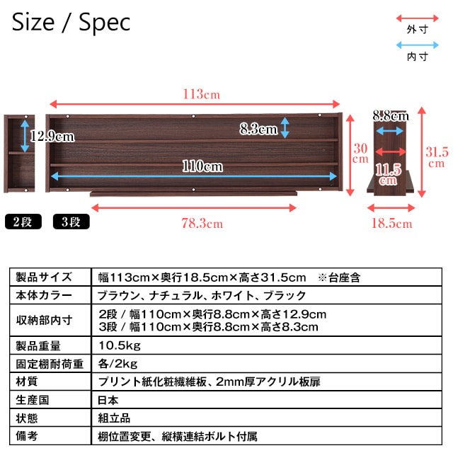 Nゲージ・HOゲージ対応 鉄道模型ディスプレイケース 幅113cm　仕様