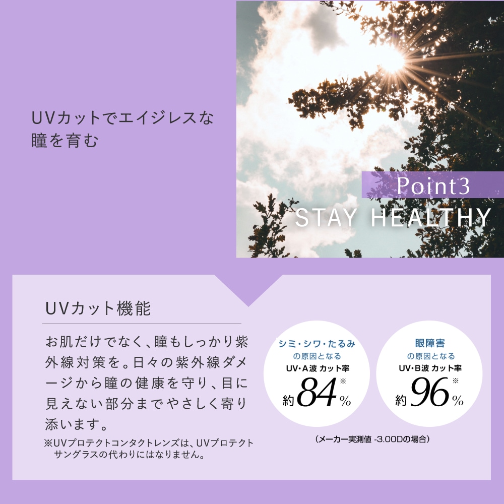 pranair プラネア　Point3.STAY HEALTHY UVカットでエイジレスな瞳を育む 　UVカット機能　お肌だけでなく、瞳もしっかり紫外線対策を。日々の紫外線ダメージから瞳の健康を守り、目にみえない部分までやさしく寄り添います。　